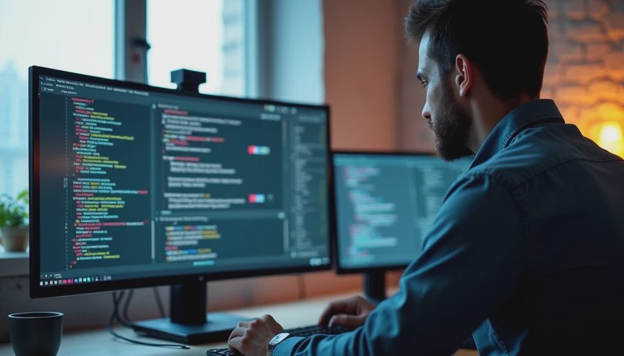 An engineer working at a multi-monitor setup monitoring offline batch AI text processing tasks on a computer.