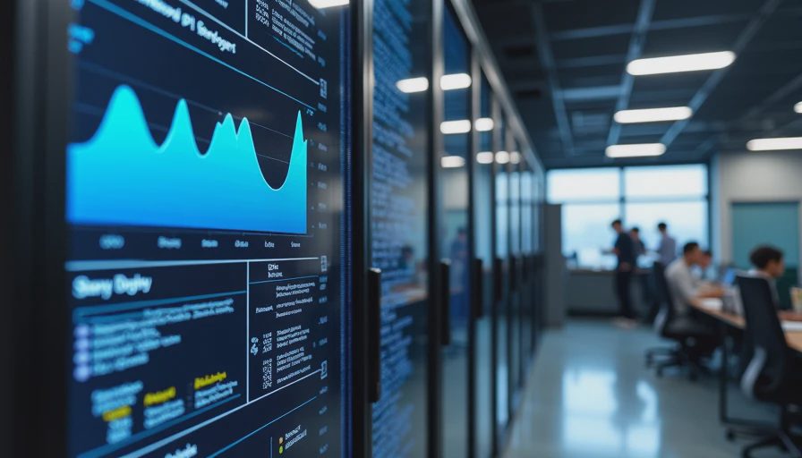A large monitor in an office displaying GPU cluster load and high-throughput server monitoring charts.
