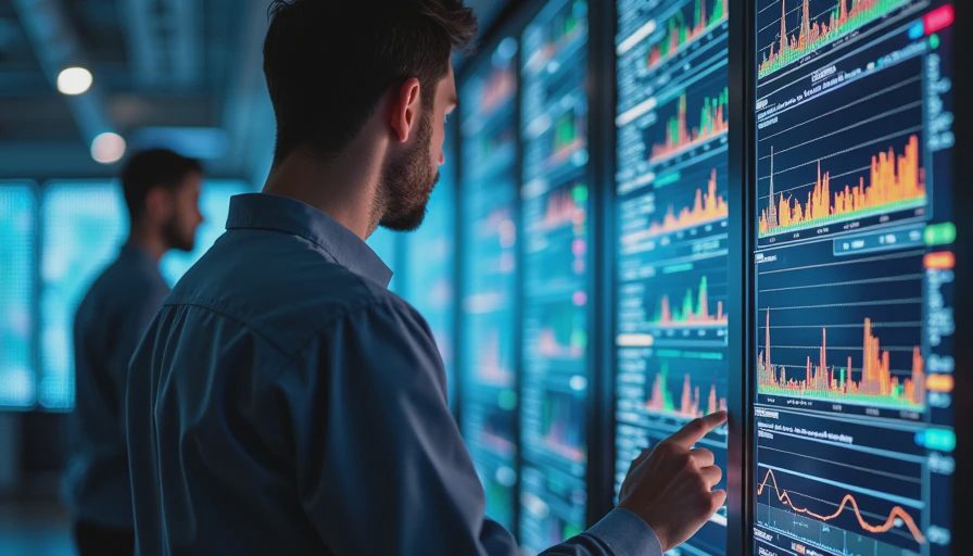 An engineer monitoring server traffic and API routing status on a large display in a control room.