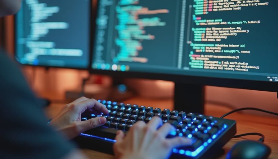 A developer's hands typing on a mechanical keyboard while a terminal outputs local AI text generation.